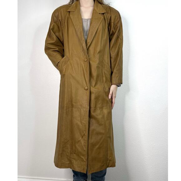 Vintage 80s Brown Leather Trench Coat Winlit Small Petite - Picture 2 of 9